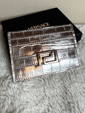 Versace Light Silver Croc-Embossed Cardholder with Metal Accent